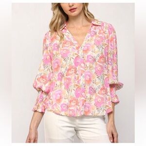 Fate Blouse Pink Floral Smocked Yoke Size Small Button Front Boho Cottagecore